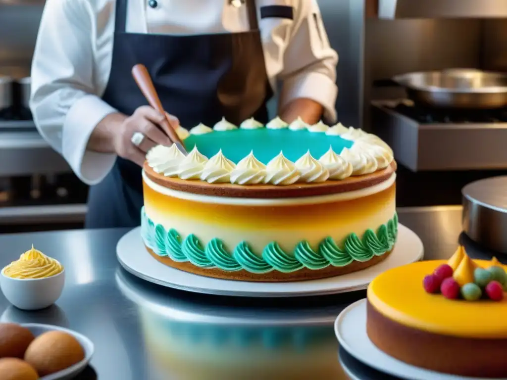 Un repostero experto decorando una tarta francesa con técnicas avanzadas