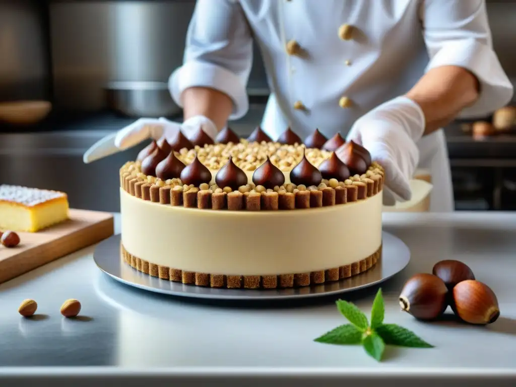 Un repostero experto decora una torta con avellanas francesas, mostrando precisión y maestría en la repostería