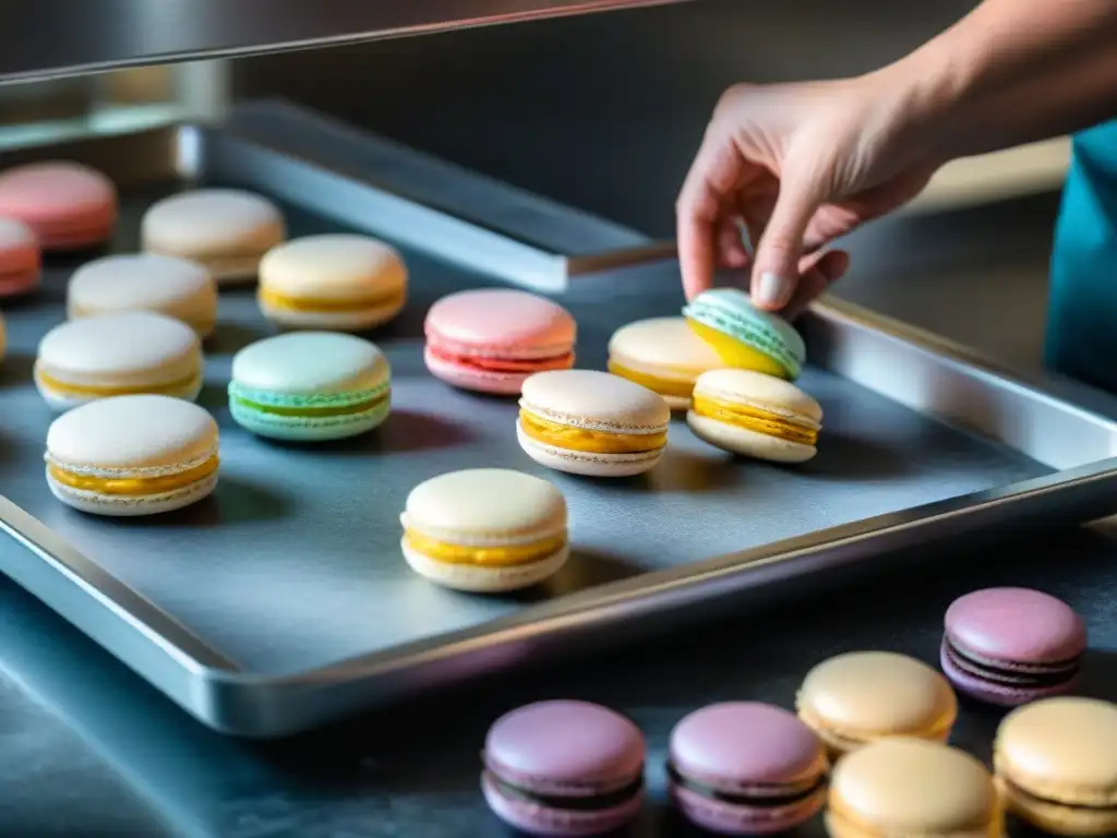 Un repostero experto crea variedades de macarons franceses únicas con precisión y arte