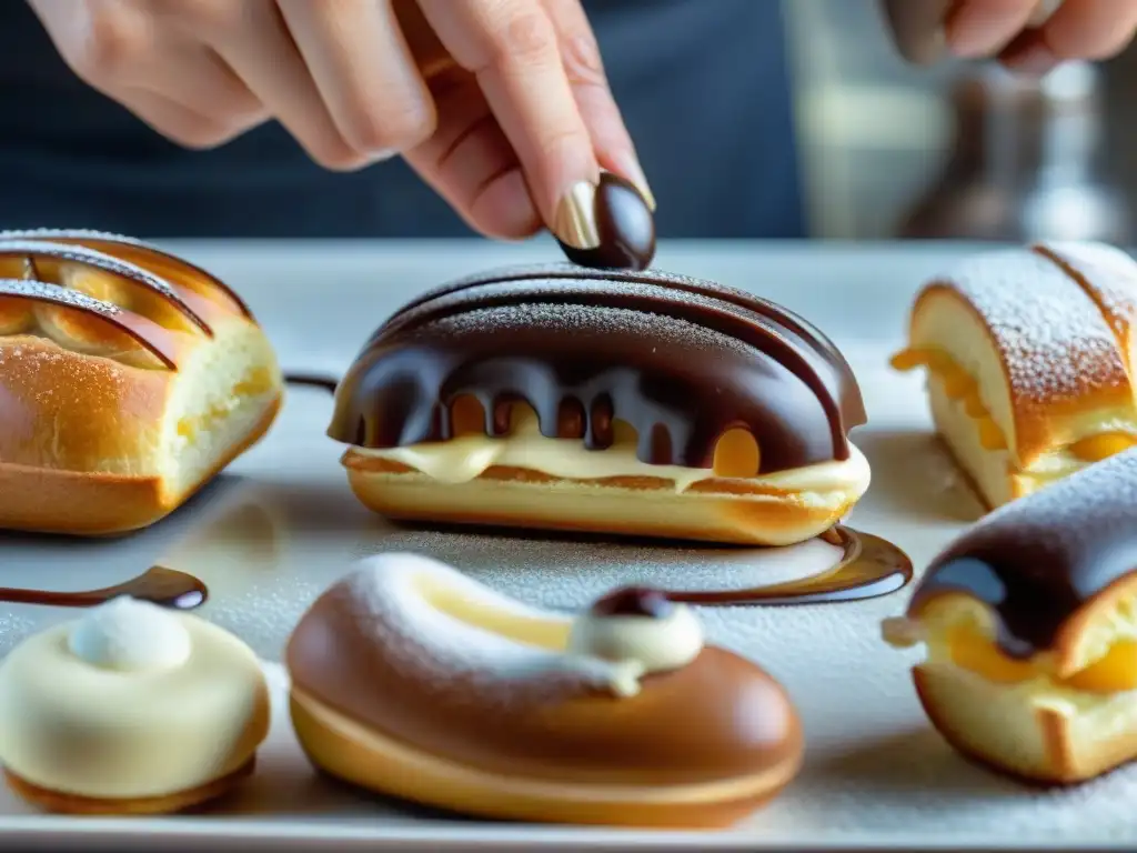 Un repostero francés experto decora éclairs con ganache en una pastelería parisina elegante