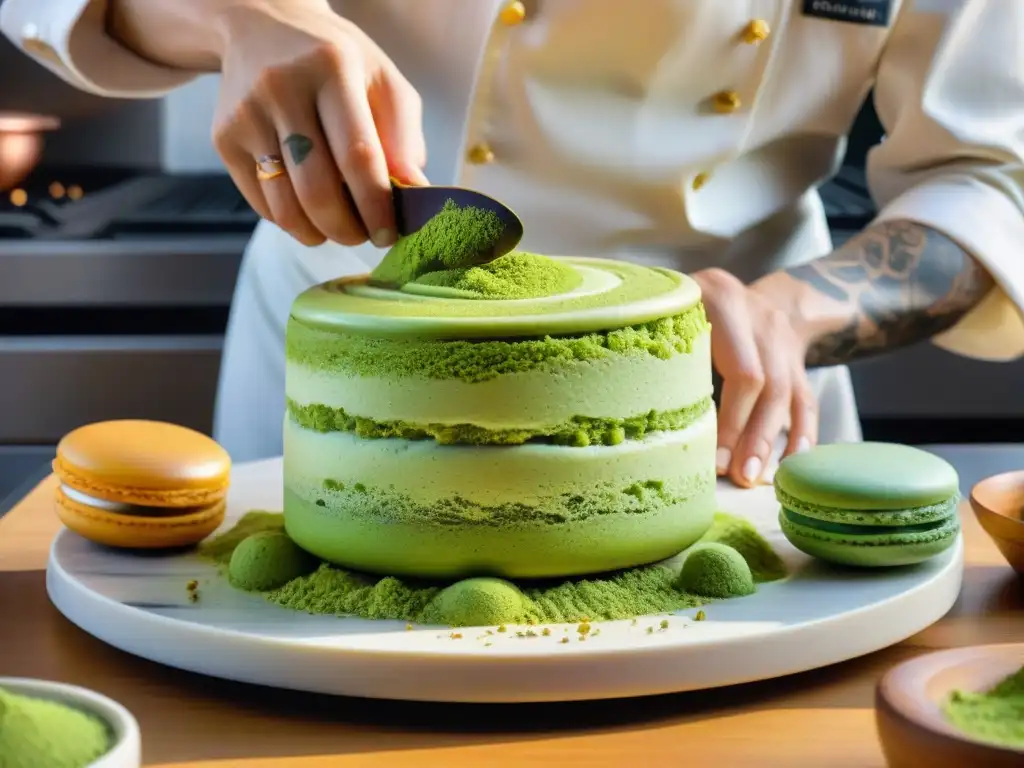 Un repostero francés experto mezcla matcha en la pastelería francesa