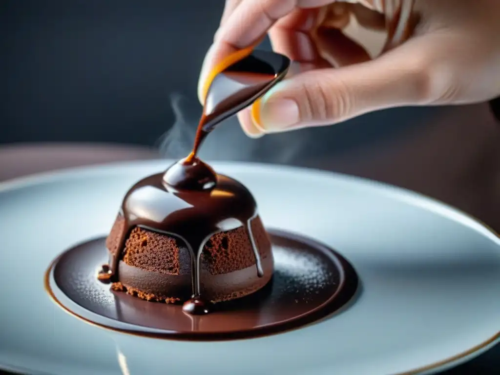 Un repostero francés experto en técnicas avanzadas de chocolate francés decorando con precisión una sofisticada mousse de chocolate