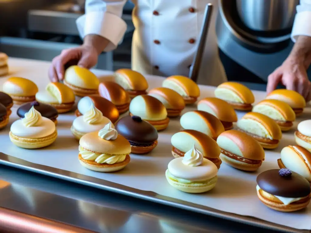 Un repostero francés con influencias culinarias gastronómicas francesas elaborando delicados éclairs en una cocina parisina