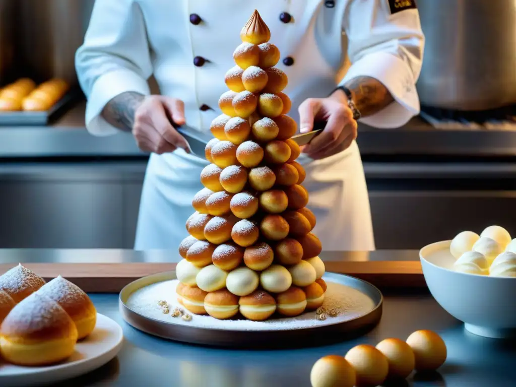 Un repostero francés innovando en pastelería francesa con un croquembouche