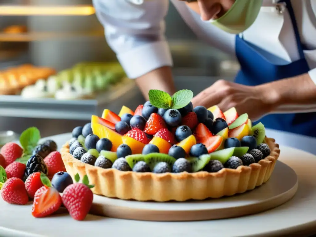 Un repostero francés decora con precisión una tarta con frutas vibrantes en una pastelería parisina, evocando maestría en la pastelería francesa