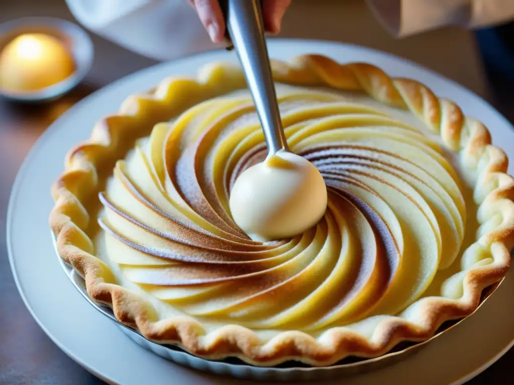 Un repostero francés tradicional decorando una tarta aux pommes en una panadería de Ródano-Alpes