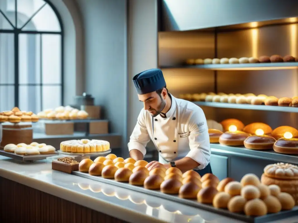 Un repostero francés muestra innovación en pastelería francesa al crear una deliciosa y delicada obra maestra en una panadería parisina tradicional