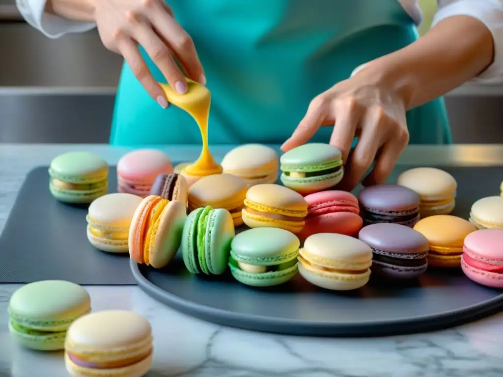 Un repostero profesional crea macarons franceses sobre un tapete de silicona, mostrando precisión y destreza