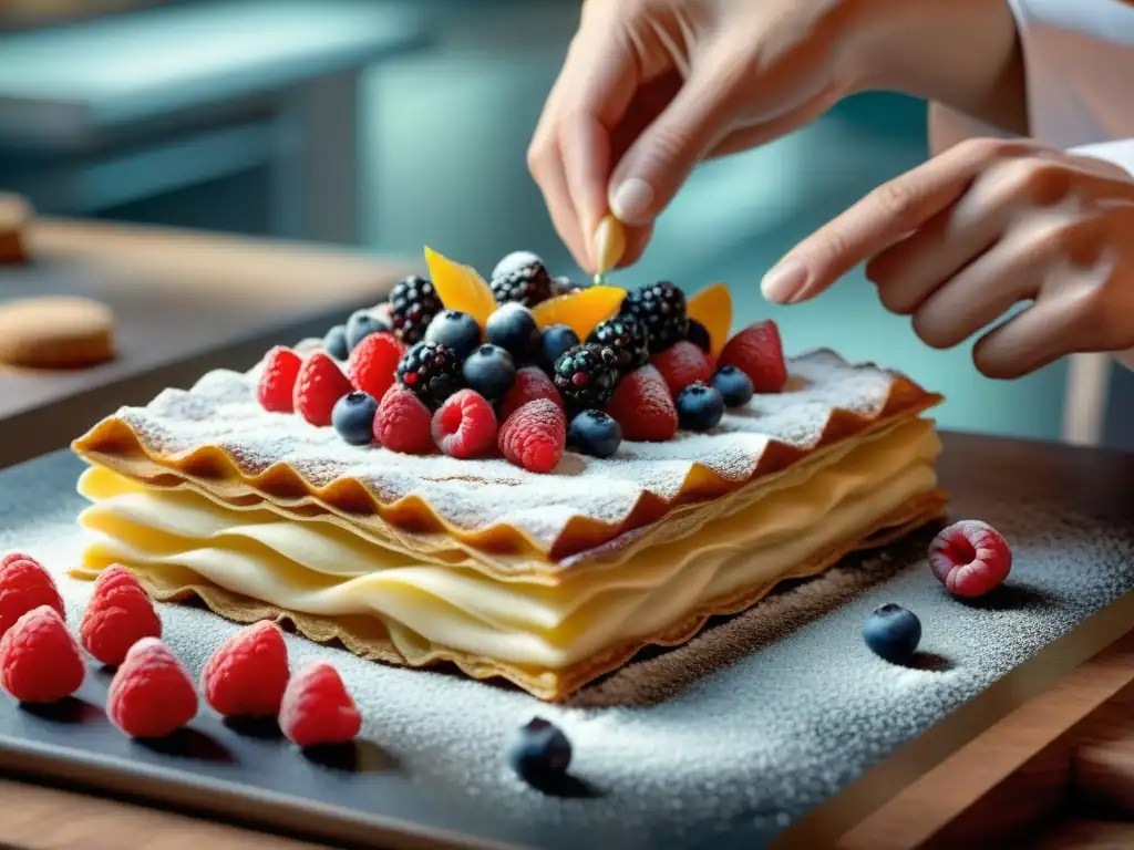 Un repostero en RódanoAlpes elabora un delicioso millefeuille con crema y frutas