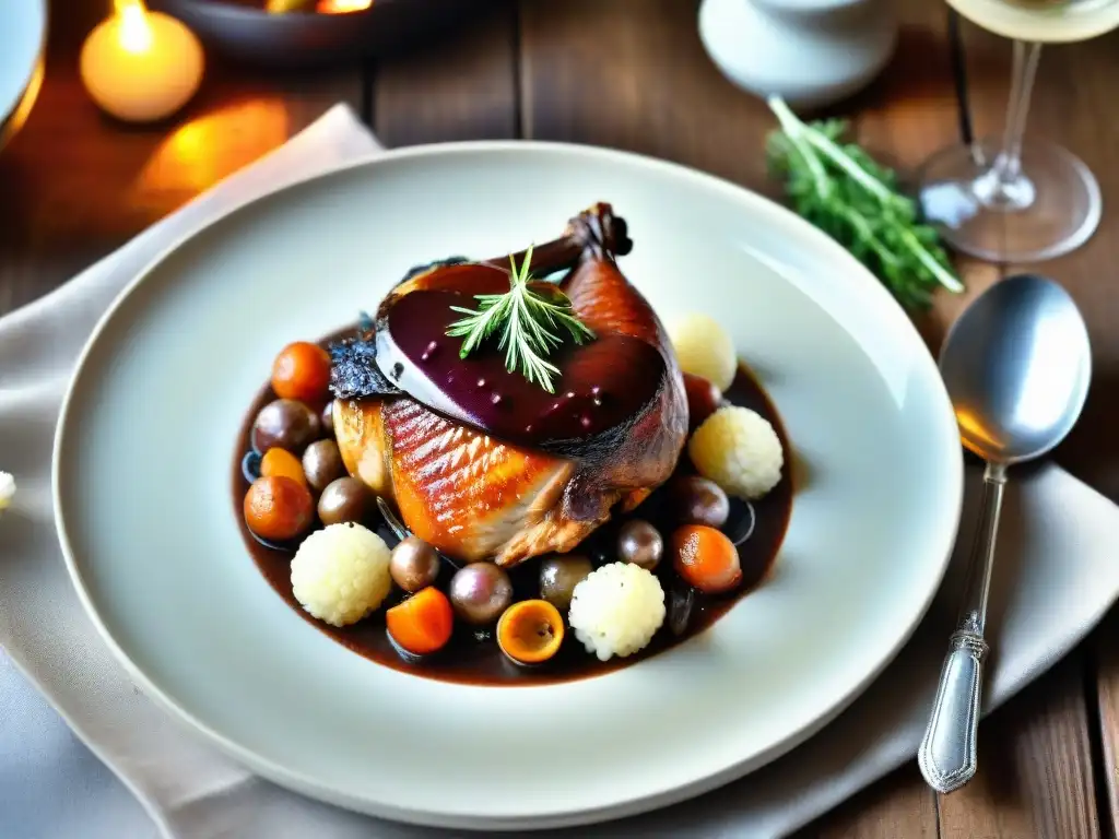 Una representación detallada de un exquisito Coq au Vin, plato clásico francés, en un escenario rústico elegante