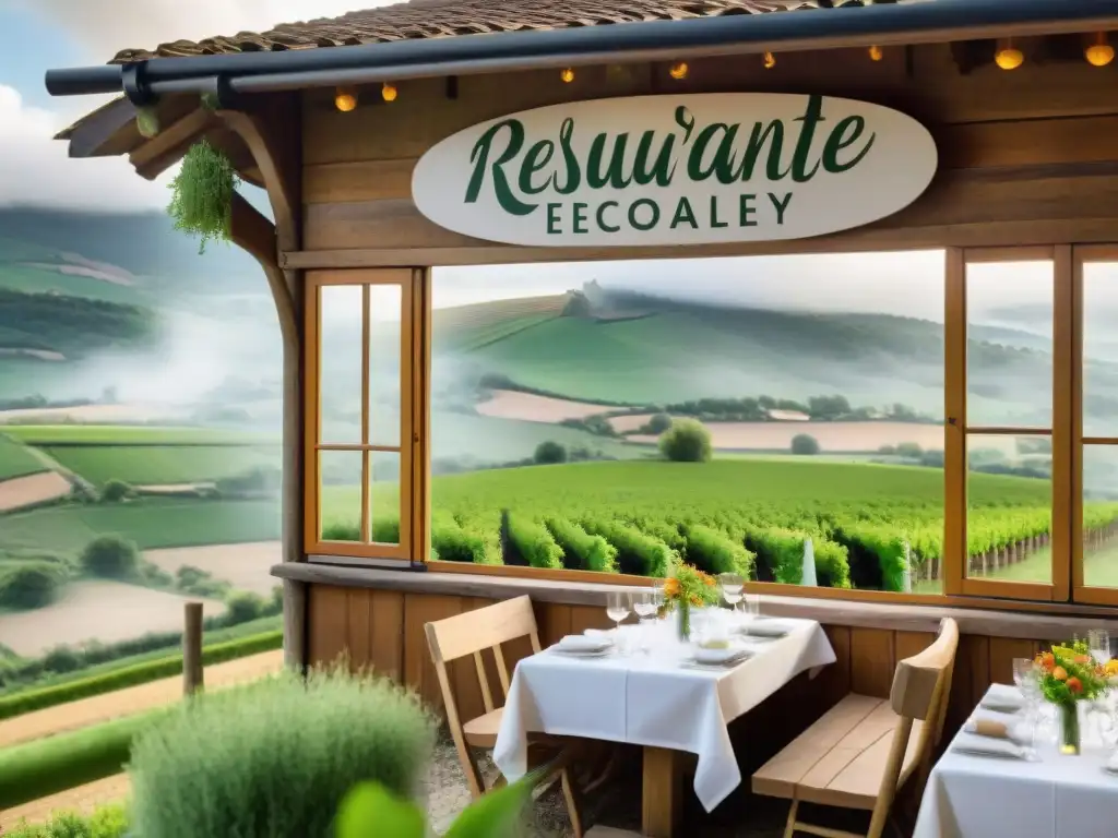 Un restaurante ecofriendly en la campiña francesa, rodeado de naturaleza exuberante y comensales felices