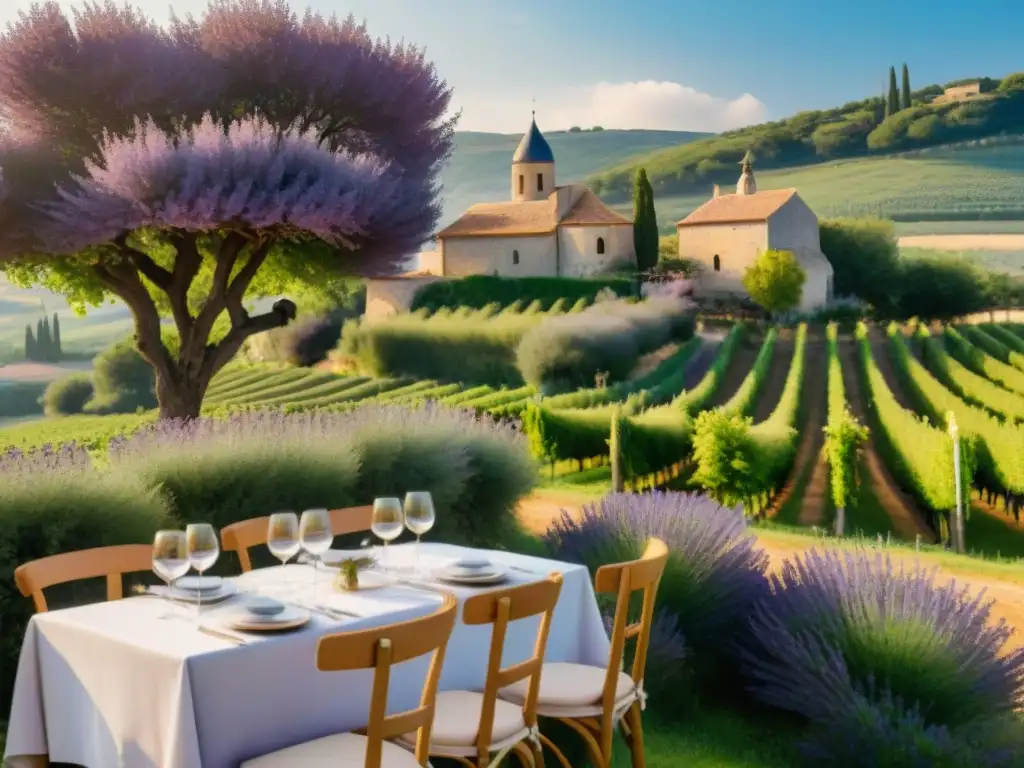 Un restaurante ecofriendly de la campiña francesa entre viñedos, mesas de madera rodeadas de flores y hierbas