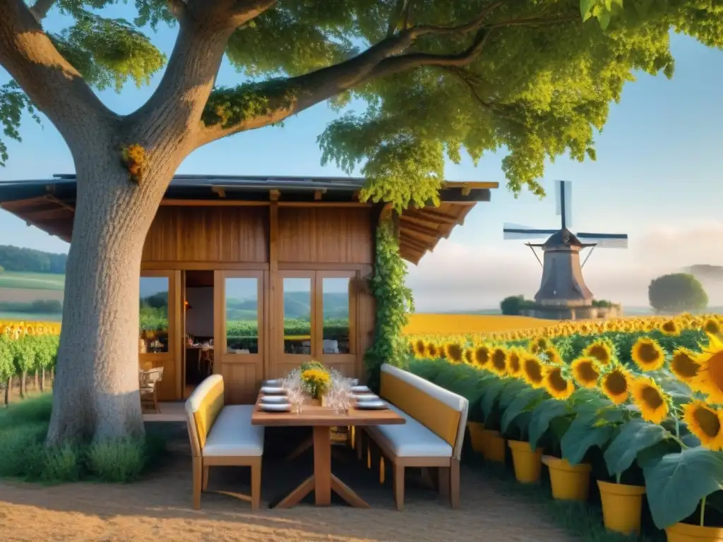 Un restaurante ecofriendly en la campiña francesa, rodeado de viñedos y girasoles, con comensales felices disfrutando de gastronomía bajo un roble