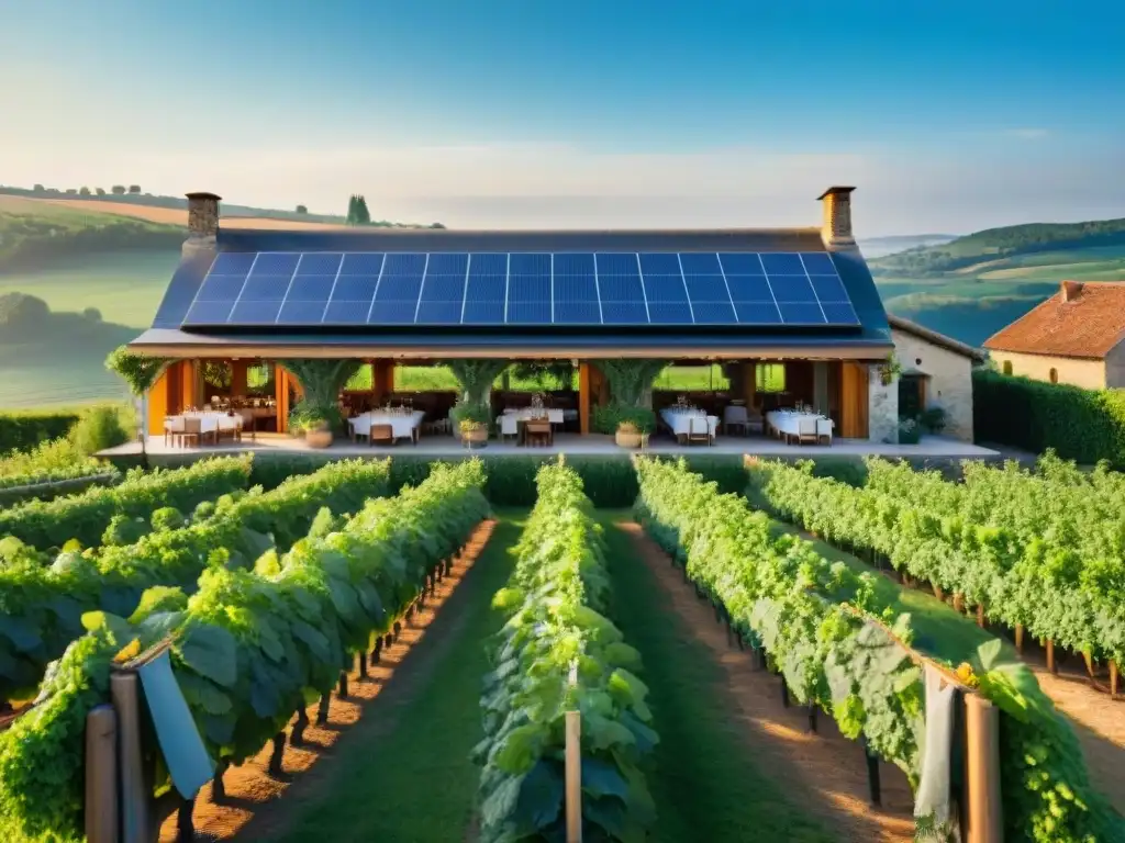 Un restaurante ecofriendly de la campiña francesa, rodeado de viñedos, con comensales disfrutando de una comida fresca al aire libre