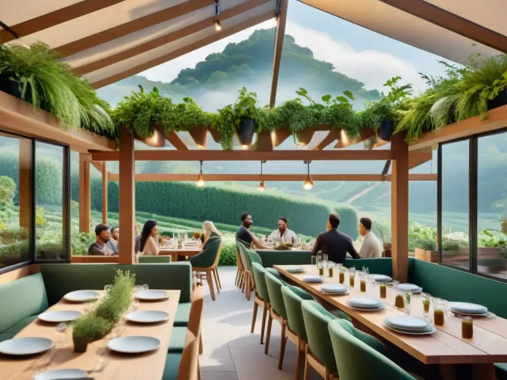 Un restaurante ecofriendly en Francia con comensales disfrutando de comida sostenible bajo paneles solares, rodeados de vegetación exuberante