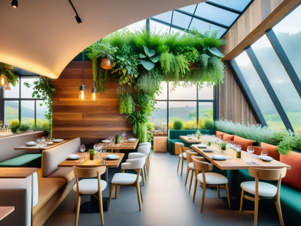 Un restaurante ecofriendly en Francia: comensales disfrutan de platos orgánicos bajo una decoración sostenible