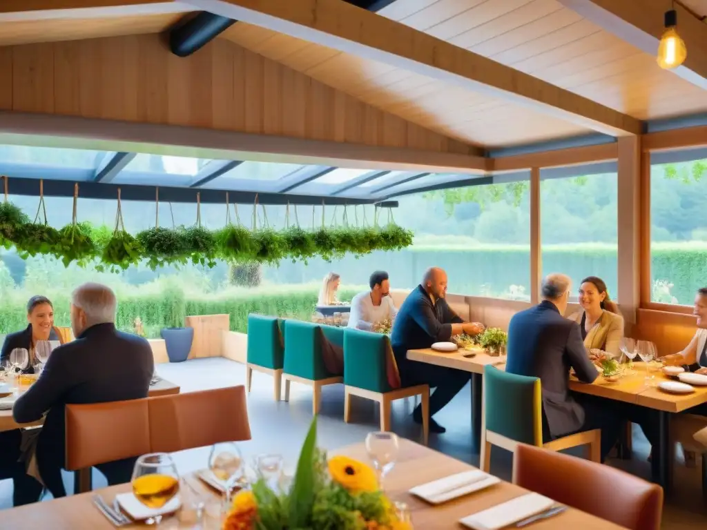 Un restaurante ecofriendly en Francia con una diversidad de comensales disfrutando de comida orgánica bajo un dosel de vegetación vibrante