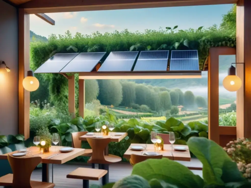 Restaurante ecofriendly en Francia con gastronomía francesa, rodeado de vegetación y paneles solares