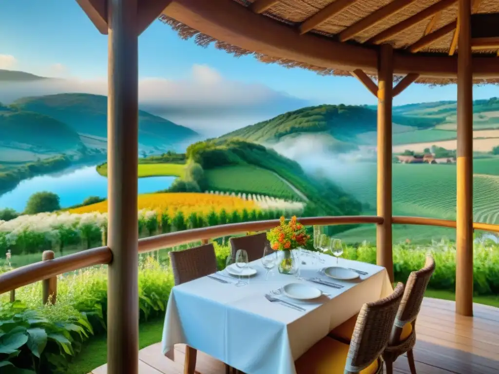 Restaurante ecológico en la campiña francesa Restaurante ecofriendly en Francia: mesa con platillos orgánicos en terraza con vista a la naturaleza