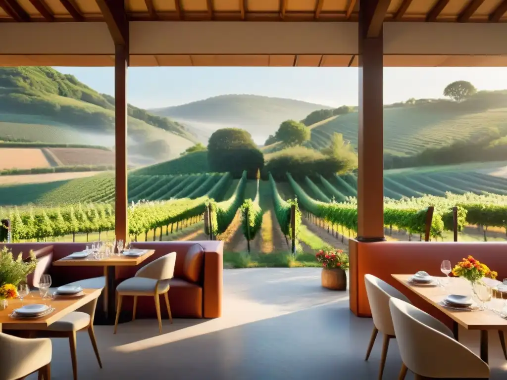 Restaurante ecológico en las colinas de Francia Un restaurante ecofriendly en Francia, con paneles solares, rodeado de vegetación y viñedos