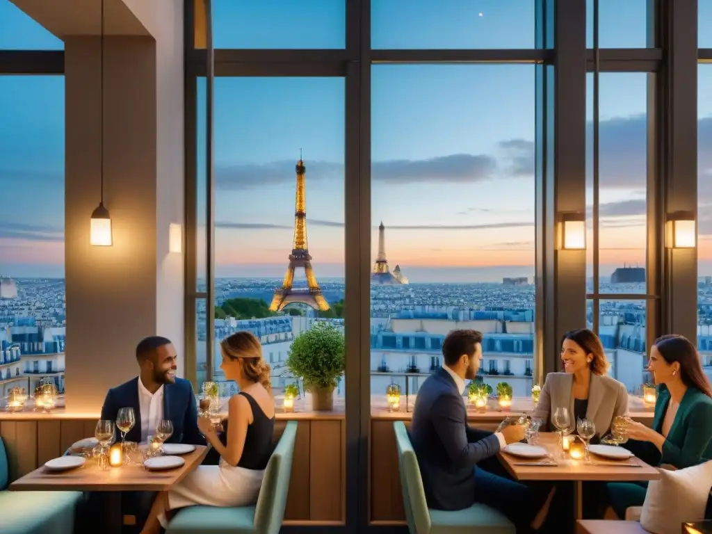 Un restaurante ecológico en París: comensales disfrutan de platos sostenibles bajo una tenue iluminación, decoración moderna y materiales reciclados