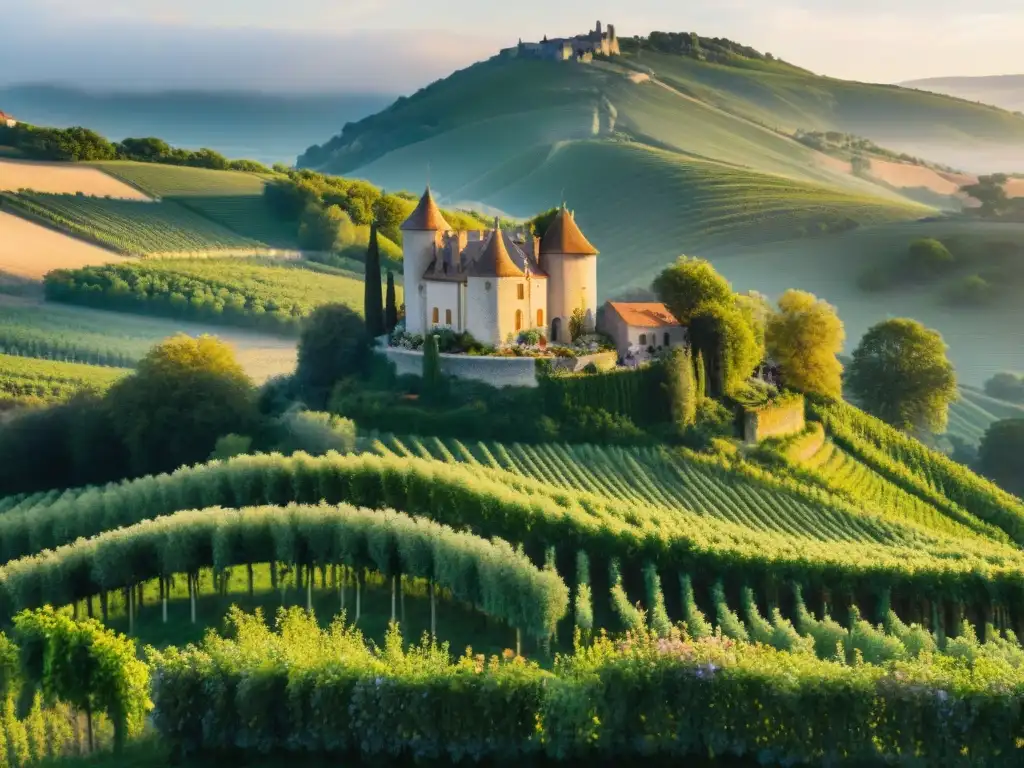 Restaurante ecológico en viñedos franceses: atardecer mágico Un restaurante ecológico encantador entre viñedos verdes en Francia