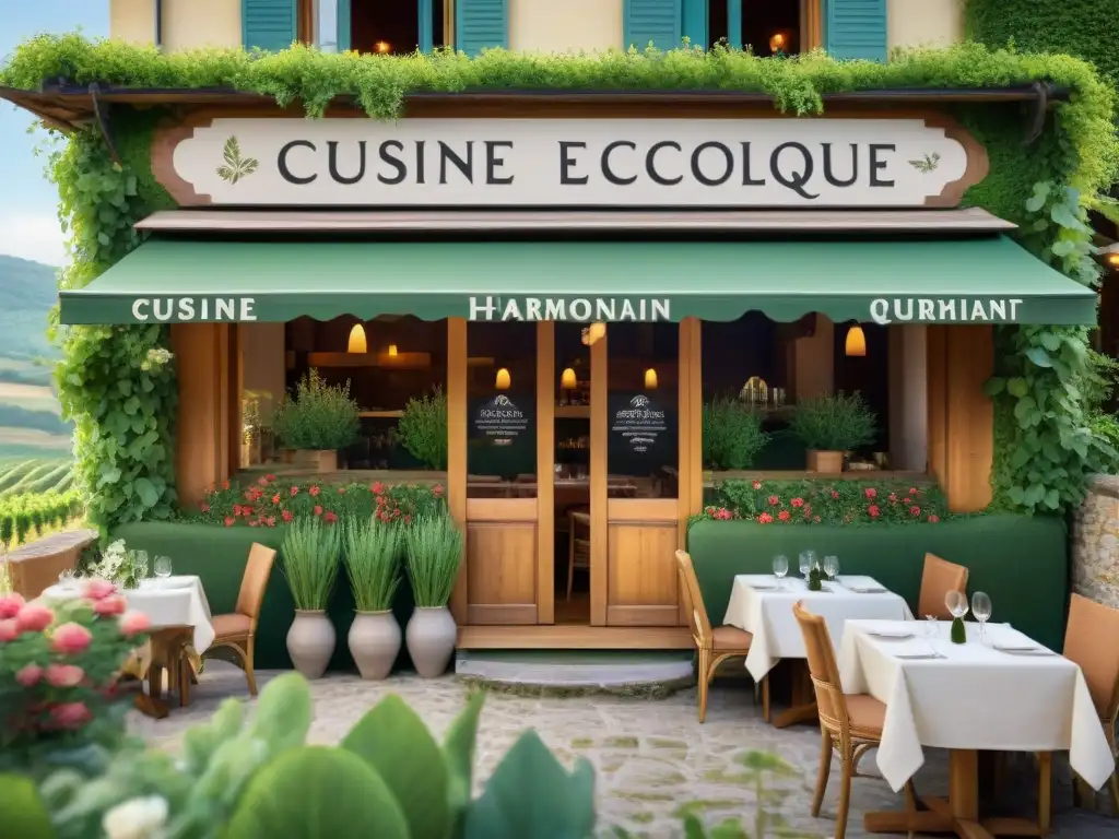 Un restaurante ecológico en Francia, rodeado de viñedos verdes y clientes disfrutando al aire libre