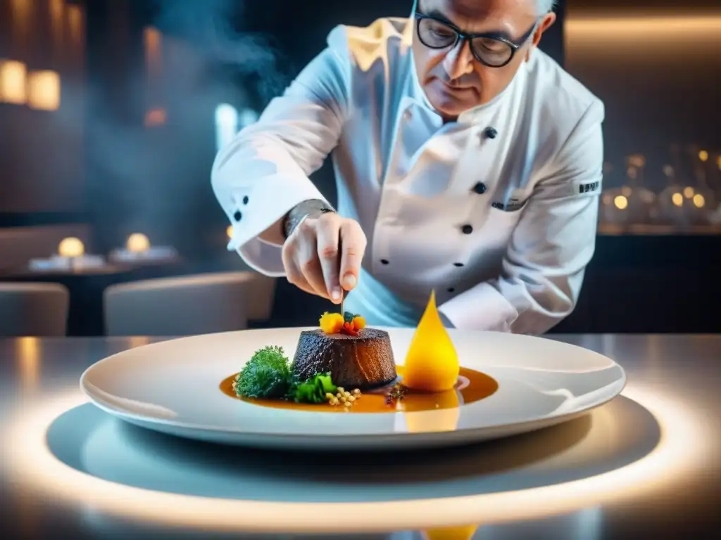 Alain Ducasse en su restaurante con estrella Michelin, exhibiendo la precisión y arte detrás de sus creaciones culinarias