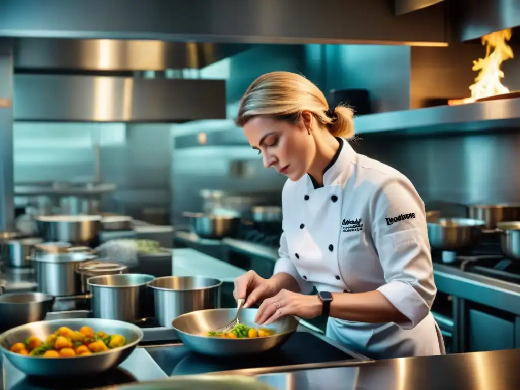 Helene Darroze lidera con precisión en su restaurante francés, rodeada de un equipo concentrado