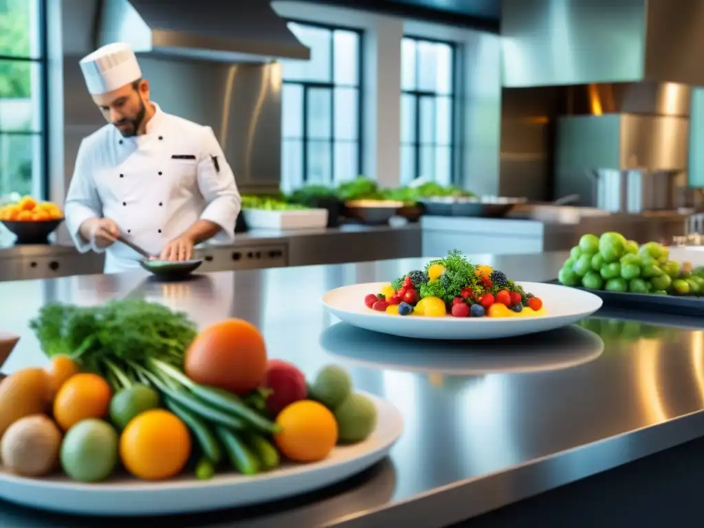 Un restaurante francés sostenible e innovador: chefs preparan platos con ingredientes orgánicos y locales en una cocina moderna y luminosa