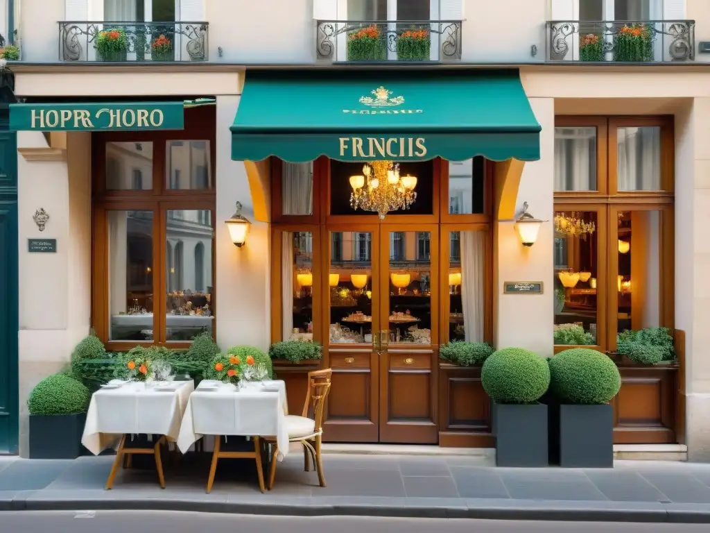 Un restaurante francés tradicional moderno en París con fachada encantadora, adornos florales y gente disfrutando de la cocina clásica