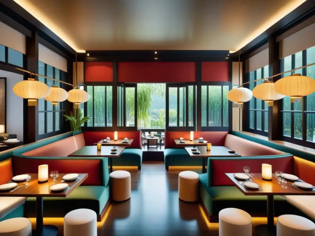 Un restaurante moderno fusionando elementos asiáticos y franceses, con decoración elegante y cálida iluminación ambiental