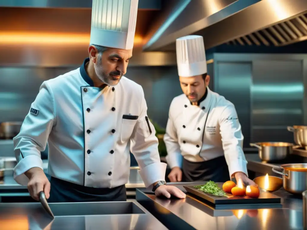 Guy Savoy en su restaurante, creando con maestría una obra culinaria francesa en una cocina elegante