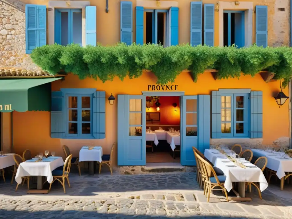 Un restaurante tradicional Provenzal con encanto en un pueblo pintoresco, donde los lugareños disfrutan de delicias regionales al atardecer