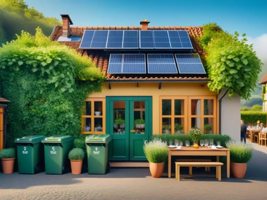 Restaurantes ecofriendly beneficios planeta: Encantador restaurante francés en el campo, con paneles solares, huerto y clientes cenando al aire libre