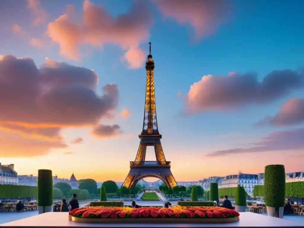 Restaurantes emblemáticos y la gastronomía francesa en la icónica Torre Eiffel al atardecer