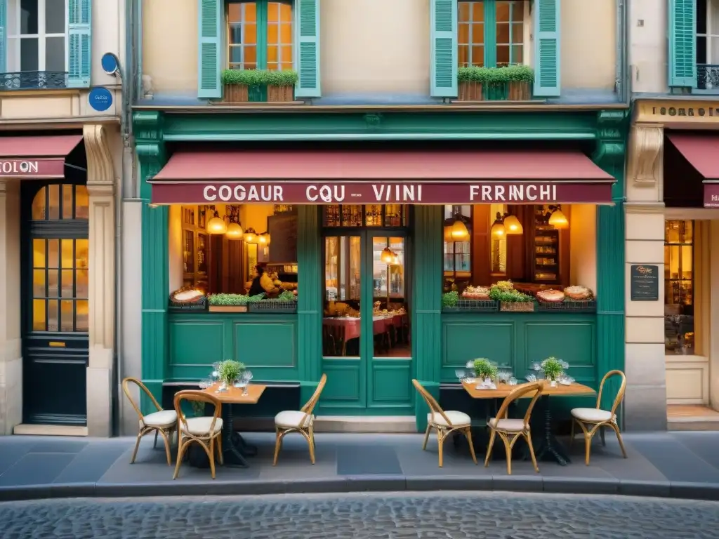 Restaurantes emblemáticos de la gastronomía francesa en una bulliciosa esquina parisina al atardecer