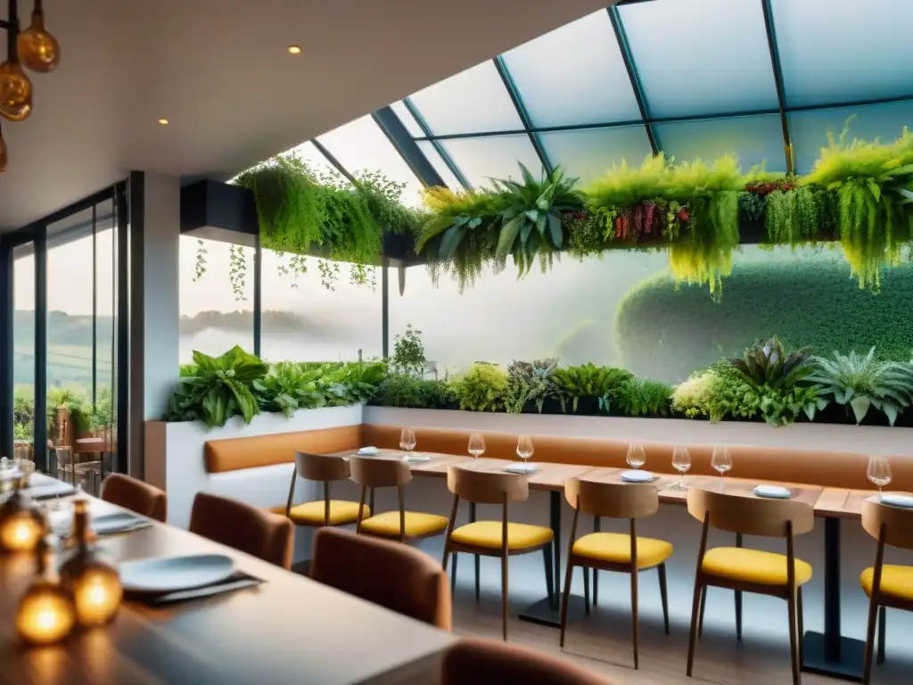 Restaurantes gastronomía francesa innovación: Restaurante ecológico en Francia con arquitectura sostenible y comensales disfrutando de cocina orgánica