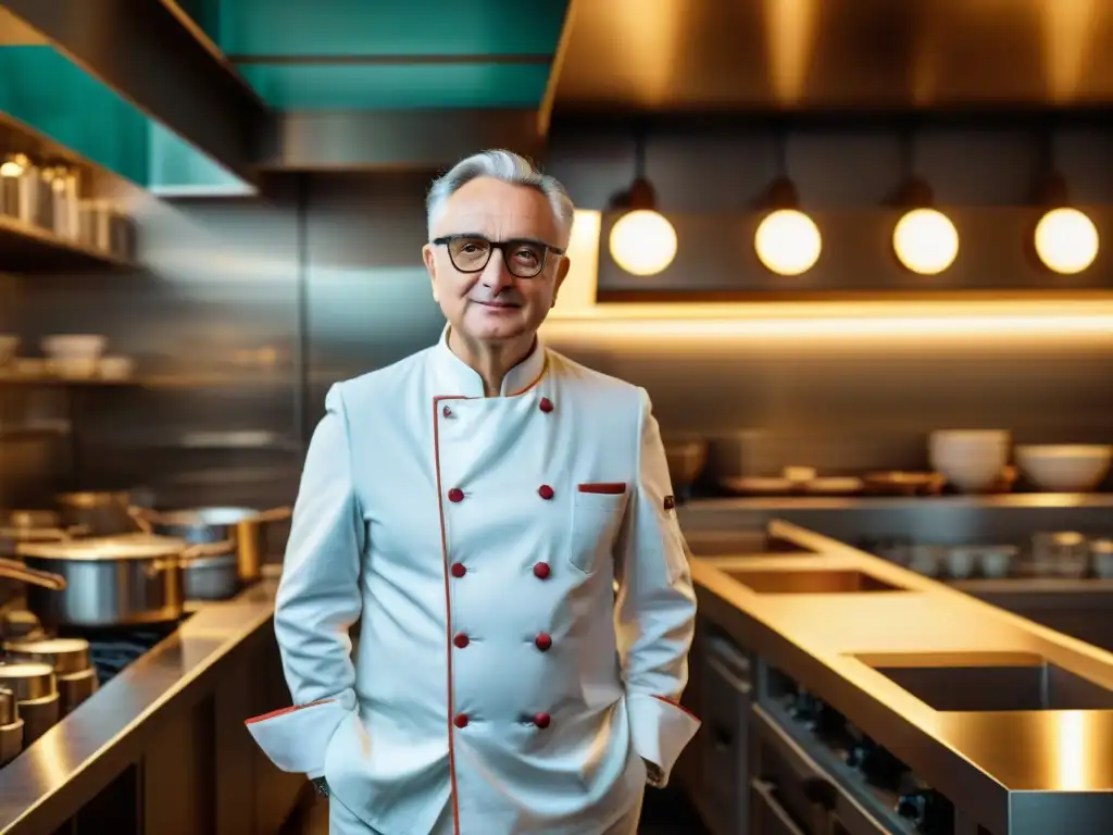 Un retrato detallado de Alain Ducasse en su elegante cocina parisina, reflejando lujo y maestría culinaria