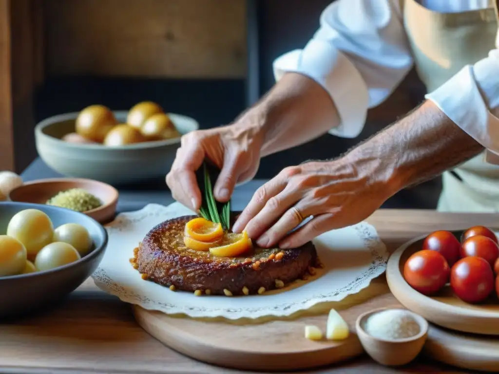 Un retrato detallado de Maurice Ravel creando un plato tradicional vasco en una cocina rústica