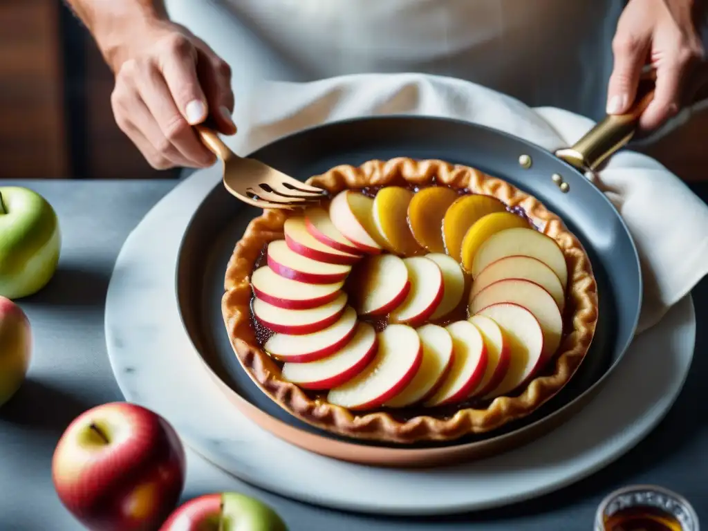 Proceso artesanal de caramelo y manzanas para Tarte Tatin Un retrato detallado de la elaboración de una Tarte Tatin receta tradicional, con manzanas caramelizadas en cazuela de cobre y manos expertas