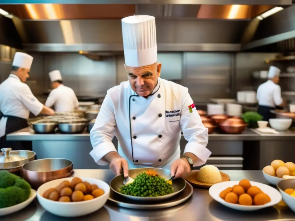 Un retrato detallado y vibrante de Paul Bocuse en su icónico uniforme de chef, rodeado de actividad en una bulliciosa cocina