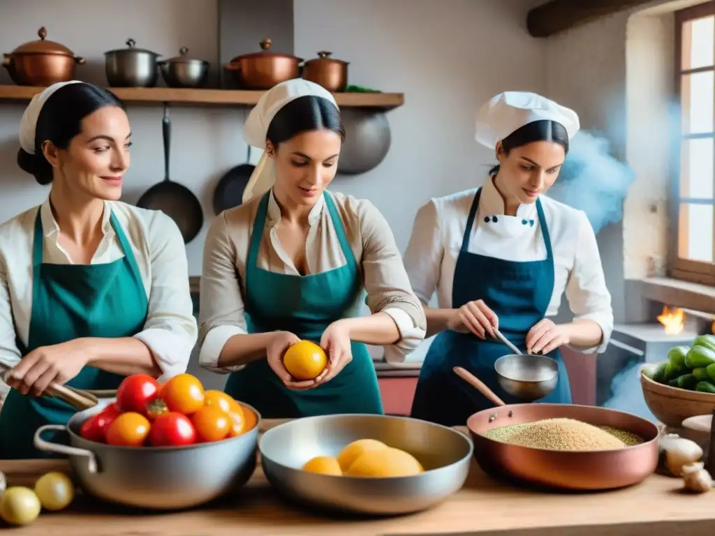 Un retrato empoderador de mujeres francesas en la cocina durante la Revolución, destacando su habilidad culinaria y determinación