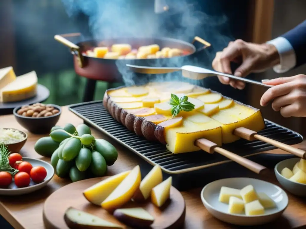 Una reunión acogedora alrededor de una parrilla raclette moderna en los Alpes, fusionando tradición e innovación culinaria