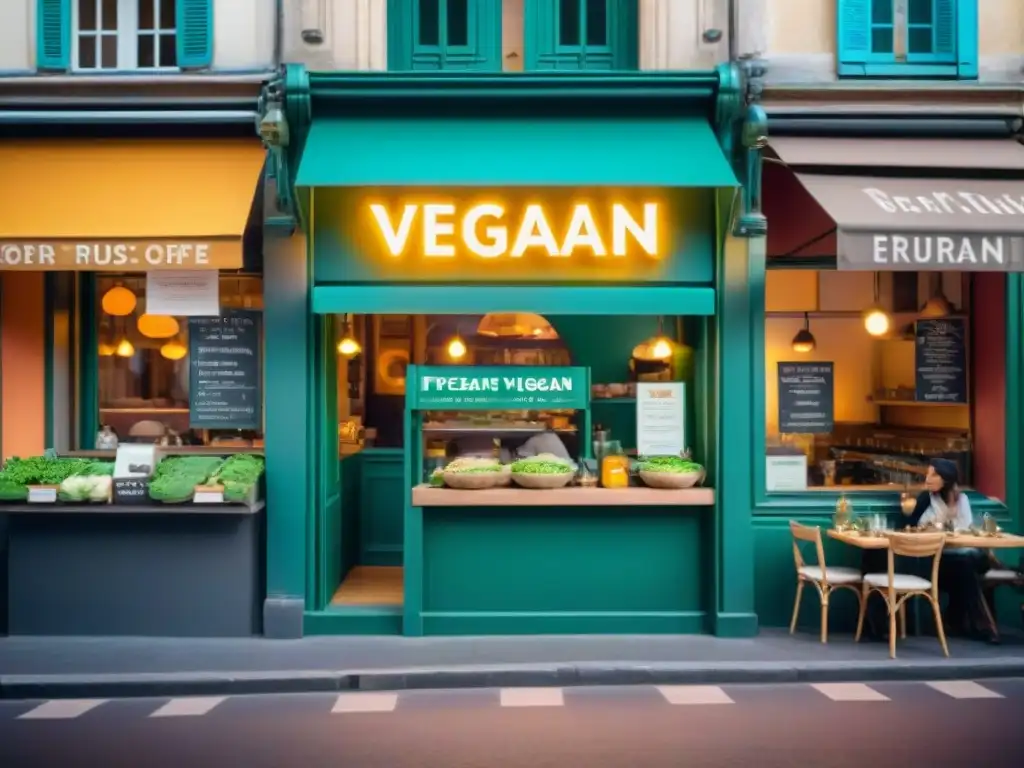 Revolución vegana en Francia: Calles de París con bulliciosos cafés veganos y coloridos platos, reflejando innovación culinaria y comunidad