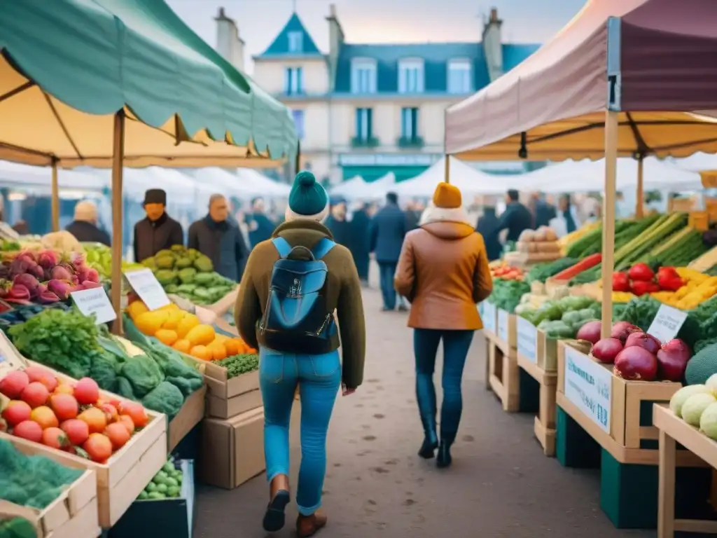 Revolución vegana en Francia: Mercado lleno de vida con frutas y verduras orgánicas, clientes comprando, vendedores presentando sus productos