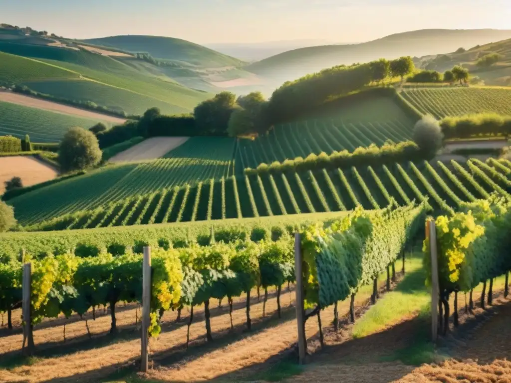 La revolución de los vinos orgánicos en Francia: viñedo exuberante, viticultores apasionados y granja rústica al sol dorado