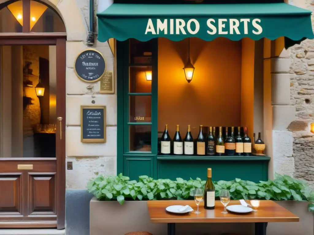 Un rincón acogedor en un bistró secreto de Amiens: fachada de piedra, hiedra, puerta de madera y letrero 'Bistró Secretos'