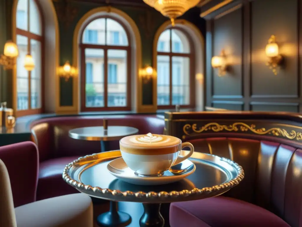 Un rincón acogedor en un café histórico parisino, con detalles vintage y ambiente animado