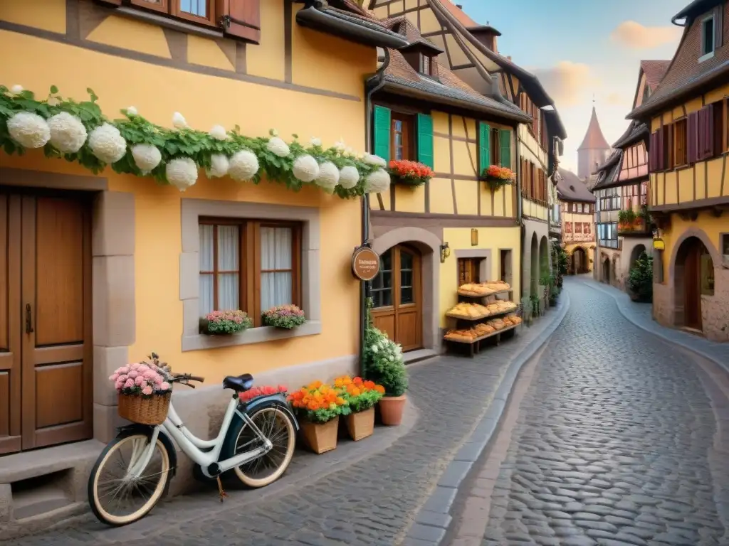 Un rincón encantador de Alsacia: calle empedrada con casas de madera y flores, bicicleta antigua, panadería y locales paseando